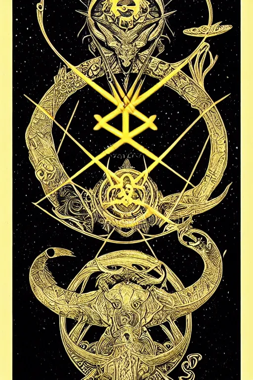 Prompt: Zodiac sign Pisces, Beautiful fish of the devil, on black paper, symmetrical, forsaken spirits, golden ratio, elements, gold, neon, baroque, rococco, white, ink, tarot card with ornate border frame, marc simonetti, paul pope, peter mohrbacher, detailed, occult symbols, intricate satanic ink illustration, by Alfons Mucha, Moebius, Charles Wess, Jeffrey Jones dynamic lighting