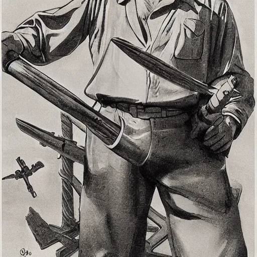 Image similar to soviet propaganda of robert mueller holding a hammer and sickle in realistic collective farm, by j. c. leyendecker, bosch, and beksinski