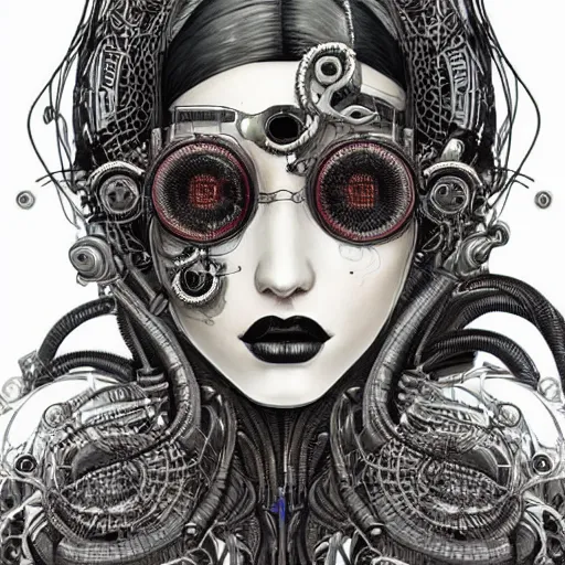 Image similar to beautiful bio punk woman_integrating_with_technology_full_face_insipiring_detailed_intricate_ornate_cables_connected_to_head_big_open_electric_eyes_ the_singulairty by android jones