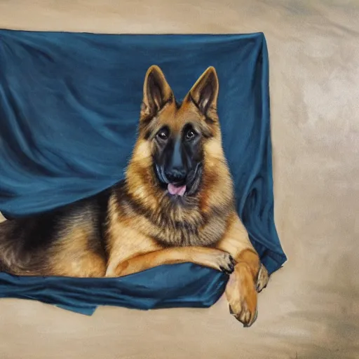 Image similar to a oil painting of a anthropomorphic german shepherd beast - man, wearing military outfit, lying on a humble unmade bed wrinkled bed sheets