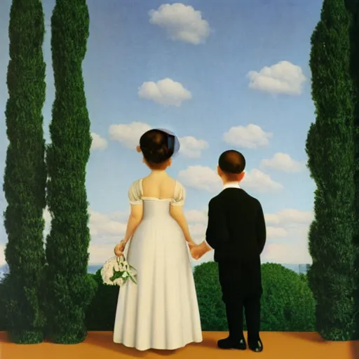 Prompt: babies getting married by rene magritte