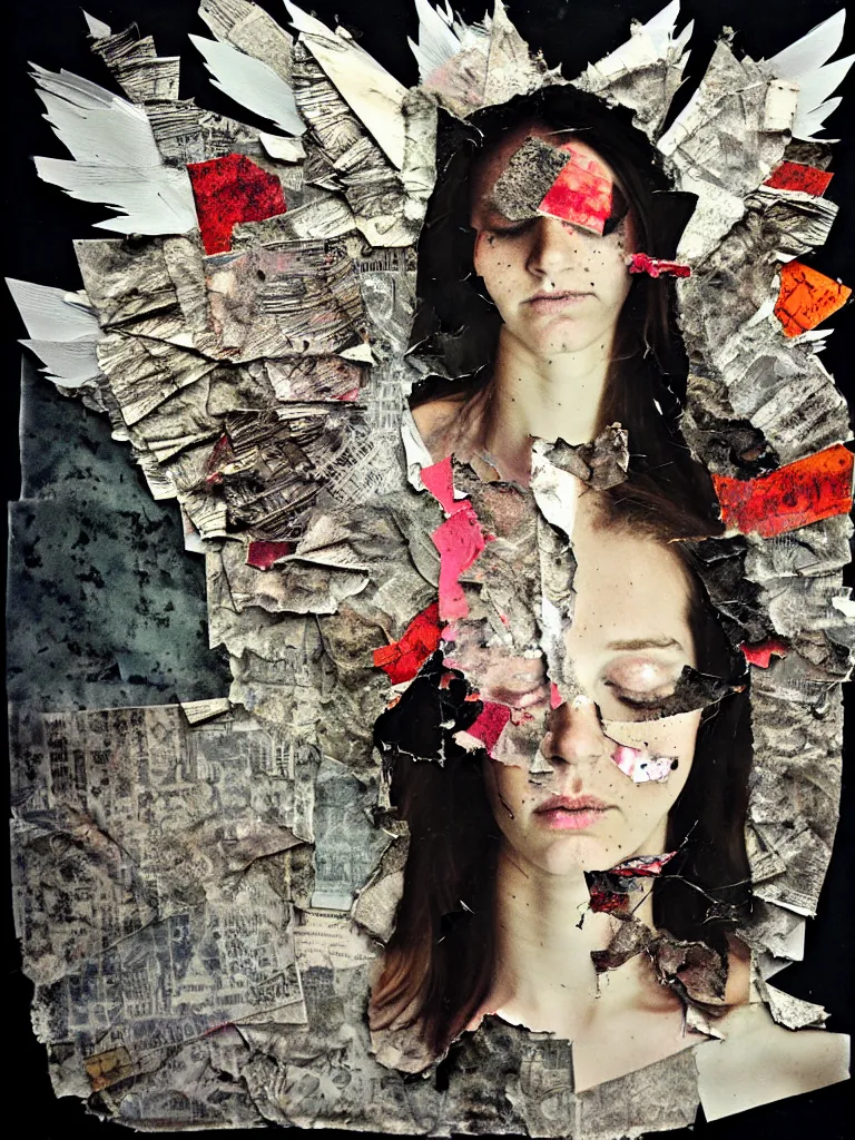 Prompt: a young adult angelgirl face obscured by smoke and ratty feathered angel wings, stressed and burnt out, collage effect, collaged, torn paper, torn paper collage, overexposure, overexposed, high exposure