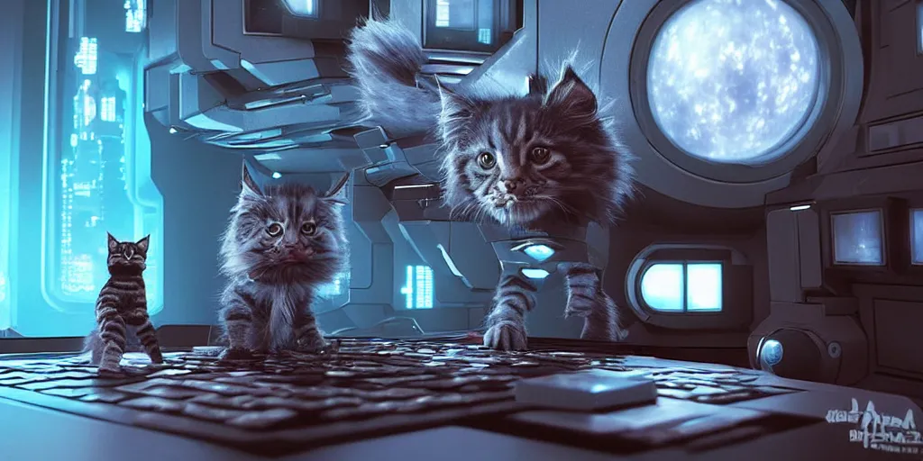 Image similar to a 3 d rendered movie still a cute robot in the shape of an adorable cyberpunk robot as a maine coon kitten. in the background is a cyberpunk cat tree with rgb ambient dramatic lighting. digital art. science fiction blockbuster movie from the future, imax 7 0 mm. style of mandalorian ( american space western television series )