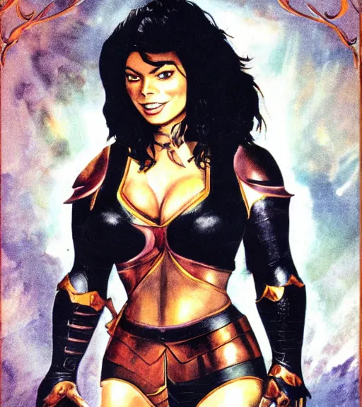 Image similar to 1 9 8 0 s fantasy novel book cover, bbw plus size amazonian miranda cosgrove in extremely tight bikini armor wielding a cartoonishly large sword, exaggerated body features, dark and smoky background, low quality print
