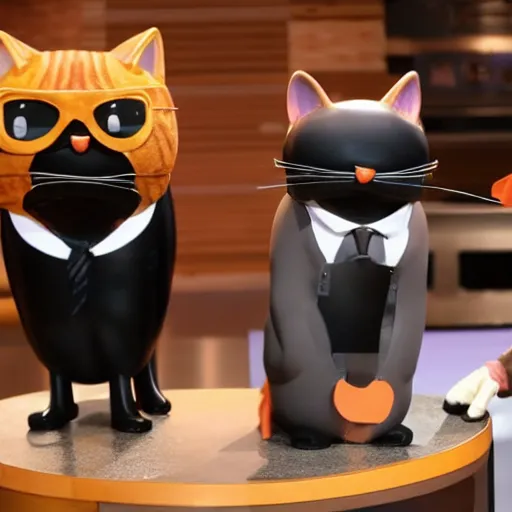 Image similar to anthropomorphic cats competing at masterchef TV show, studio shot