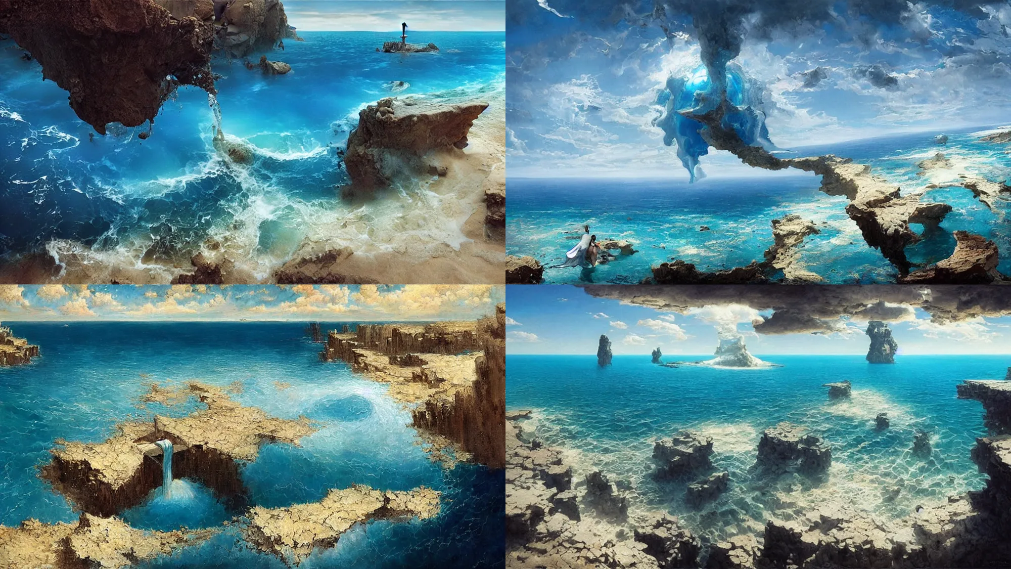 Prompt: clear blue ocean waters splitting apart to reveal ocean floor, dreamlike surrealism, 4 k, award - winning, painting by salvador dali, by greg rutkowski