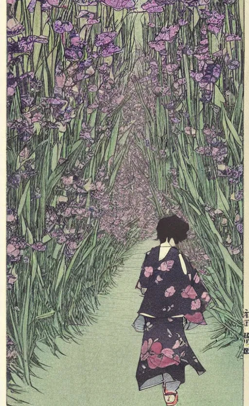 Prompt: by akio watanabe, manga art, a girl walking on wooden lake bridge and iris flowers, trading card front, kimono, realistic anatomy