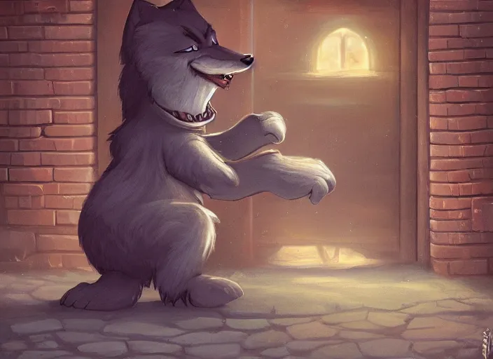 Prompt: a cartoonish cute big anthropomorphic wolf is at the door of a brick house, magical atmosphere, trending on artstation, 30mm, by Noah Bradley trending on ArtStation, deviantart, high detail, stylized portrait H 704