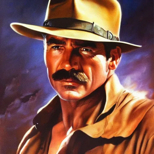 Image similar to ultra realistic portrait painting of tom selleck as indiana jones, art by frank frazetta, 4 k, ultra realistic, highly detailed, epic lighting