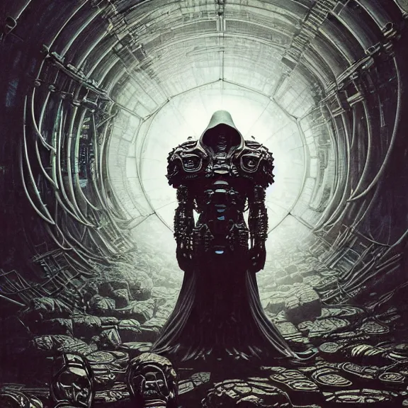 Image similar to symmetric frame of dr doom from Prometheus movie by beksinski, cyborg dr doom mecha by guo pei and alexander mcqueen metal couture editorial, eldritch epic monumental wallpaper by beksinski by Yuko Shimizu