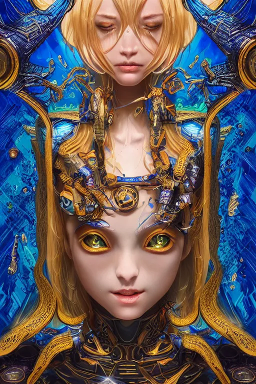 Prompt: Portrait of a psychedelic sci-fi goddess, third person, D&D, sci-fi fantasy, intricate, blue and gold, highly detailed , art by Range Murata, highly detailed, 3d, octane render, bright colors, digital painting, trending on artstation, sharp focus, illustration style of Stanley Artgerm,