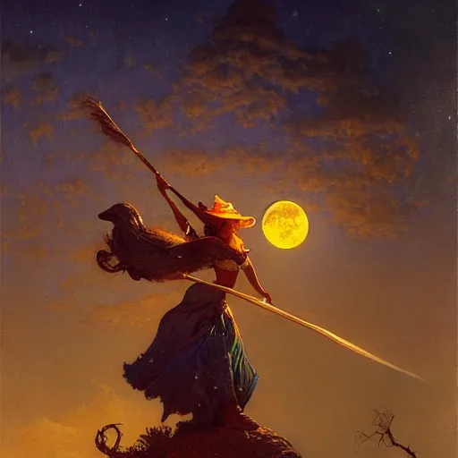 Image similar to witch flying with a broom, trough the night, fantasy, full moon in background. highly detailed painting by gaston bussiere, craig mullins, j. c. leyendecker 8 k