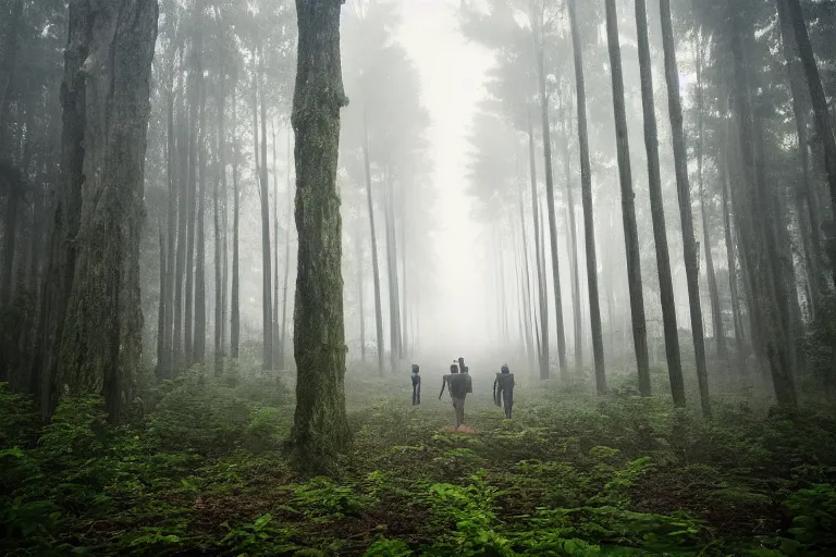 Image similar to a giants perspective of tourists taking a photo of it, lush forest, foggy, cinematic shot, photo still from movie by denis villeneuve