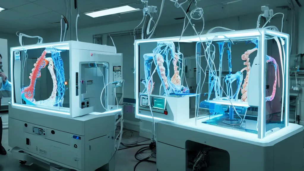 Image similar to a complex bifurcated surgical arm hybrid mri 3 d printer machine making colorful mutant forms with control panels in the laboratory inspection room, film still from the movie directed by denis villeneuve with art direction by salvador dali, wide lens