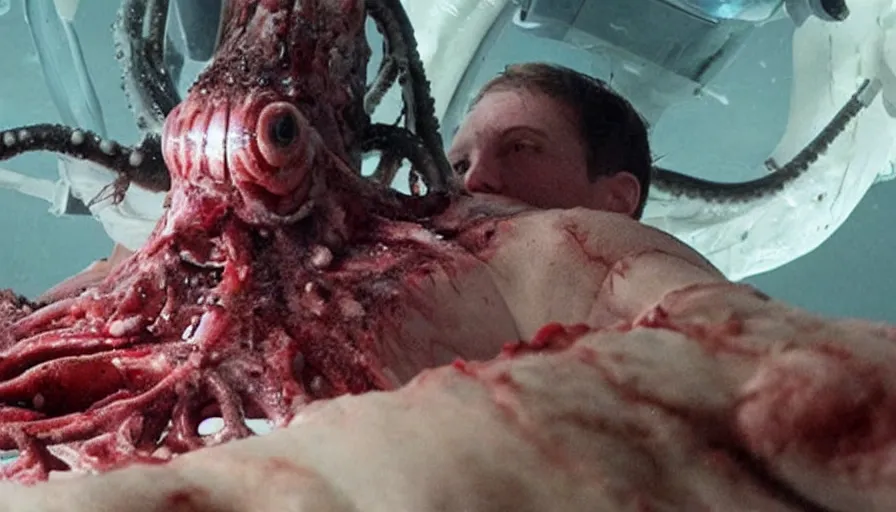 Image similar to Big budget horror movie about a cyborg doing an autopsy on a giant squid's heart