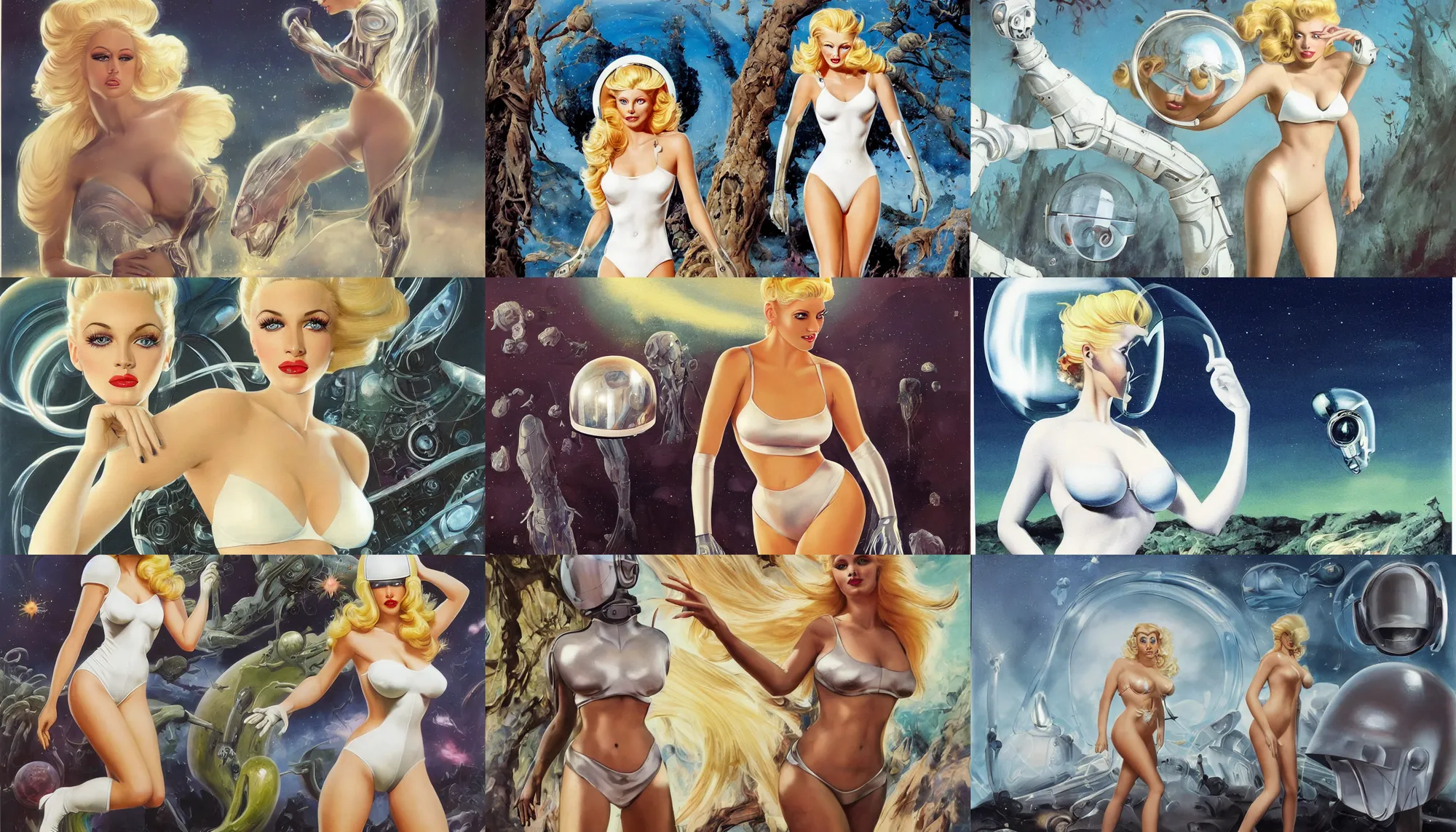 Prompt: A mixed media painting of a very beautiful blonde woman walking through an alien environment, elegant, aesthetic!!! symmetrical face and eyes, piercing gaze, eighties pinup style, photorealistic, curvy, model, futuristic white-space-bikini, 60's cartoon-glass-helmet, by Frank Frazetta, Donato Giancola, Boris Vallejo, Beeple, Greg Rutkowski, Christian MacNevin, epic fantasy character art, full length, high fantasy, prometheus, CGsociety, exquisite detail, post-processing, masterpiece, cinematic