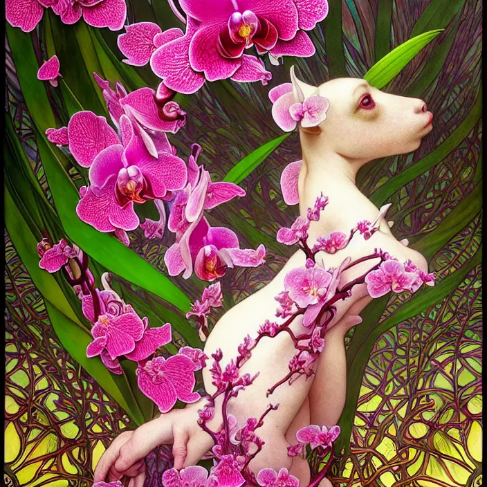 Image similar to psychedelic animal made of orchid and cherry blossom tree, diffuse lighting, fantasy, intricate, elegant, highly detailed, lifelike, photorealistic, digital painting, artstation, illustration, concept art, smooth, sharp focus, art by John Collier and Albert Aublet and Krenz Cushart and Artem Demura and Alphonse Mucha and Giuseppe Arcimboldo