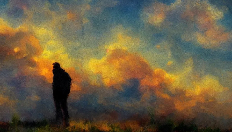 Image similar to a man placed a baby and looked under the burning clouds in the sky. 4 k rendering, impressionist painting style