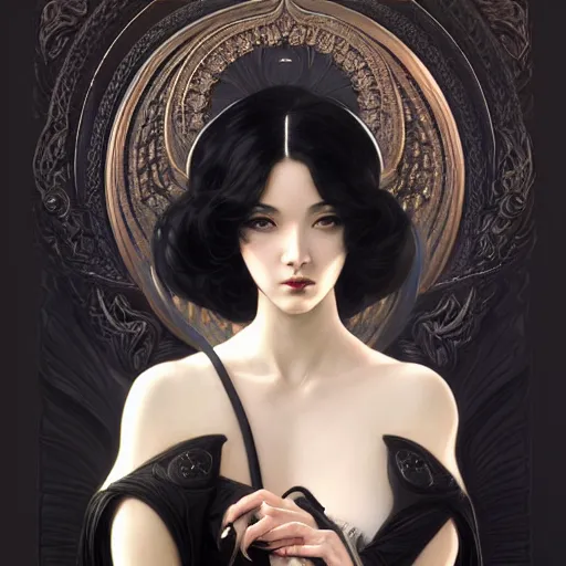 Image similar to Portrait of an divine muse with matte black hair as 2B, asian, D&D, fantasy, intricate, elegant, highly detailed, digital painting, artstation, dark art, concept art, matte, sharp focus, illustration, art by Artgerm and Greg Rutkowski and Alphonse Mucha