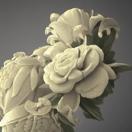 Image similar to Beautiful victorian baroque, ultra detailed, high definition, octane render 3d, ivory carved flower