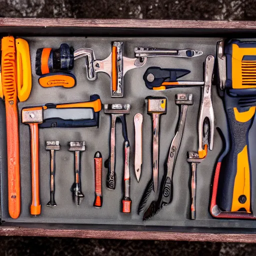 Prompt: photo of a tool table with a hammer, wrench, pliers, screwdriver, screws, mallet, saw and crowbar, highly detailed, high quality, HD, 4k, 8k, Canon 300mm, professional photographer, 40mp, lifelike, top-rated, award winning, realistic, sharp, no blur, edited, corrected, trending