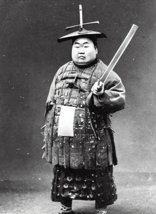 Prompt: old photo of a very very rotund samurai holding a pistol