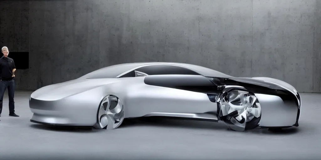 Image similar to a futuristic minimal silver sports car sedan designed by Apple, Jonny I’ve and Steve Jobs.