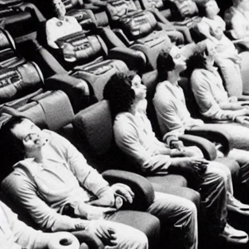 Image similar to astronauts sitting in a movie theater watching the movie “alien”, realistic