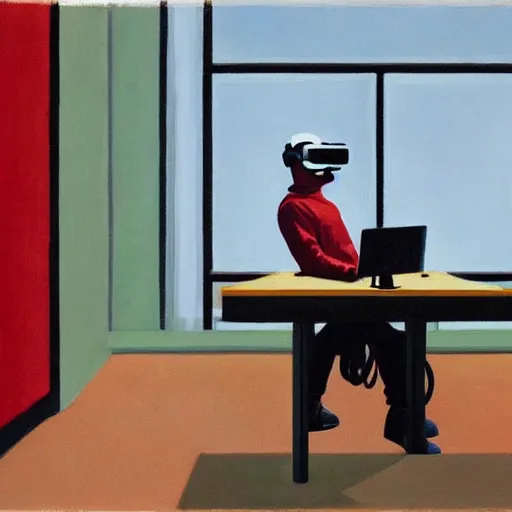 Image similar to A fine art painting of a man wearing Vr goggles dressed as a hypebeast and creating the metaverse at a desk through a window on a British street. In the style of Edward Hopper and Wes Anderson