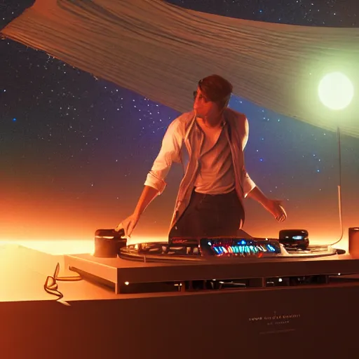 Image similar to Man djing under the stars, digital art, artstation, ultra realistic, volumetric lighting, 4k, unreal engine, octane render, art by Artgerm and Greg Rutkowski and Alphonse Mucha