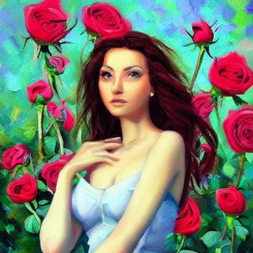 Prompt: a beautiful woman was standing in a field of roses, oil painting, trending on artstation