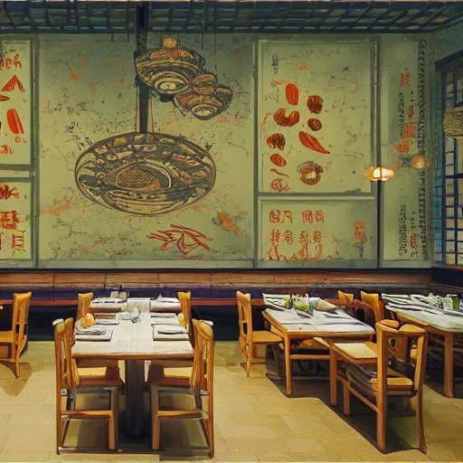 Image similar to a beautiful hyperdetailed interior 4 k hd wallpaper illustration of roasted string hotpot restaurant restaurant yan'an, corner, simple style, wall painting, from china, with merchant logo, fine delicate structure, surrealistic, chinese style, victo ngai