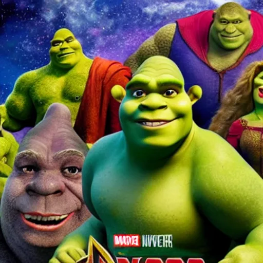 Image similar to shrek in avengers infinity war poster