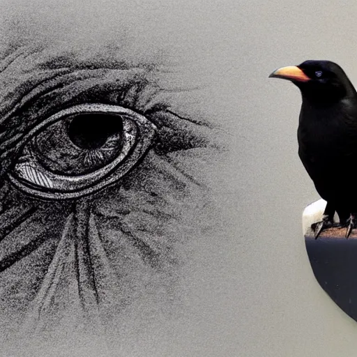 Prompt: an obese giant crow, human eyes
