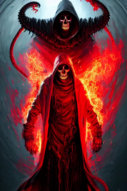 Image similar to A full body portrait of a mysterious character with a flaming skull with a very long hooded blood red and black cloak, tentacles coming out the ground art by Maciej Kuciara, and Cedric Peyravernay, ominous, cosmic horror, trending on artstation, Ultra detailed, hyper realistic 4k