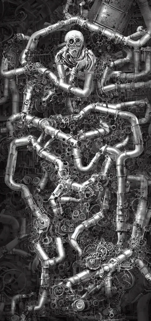 Image similar to a human dissolving into machinery and pipes