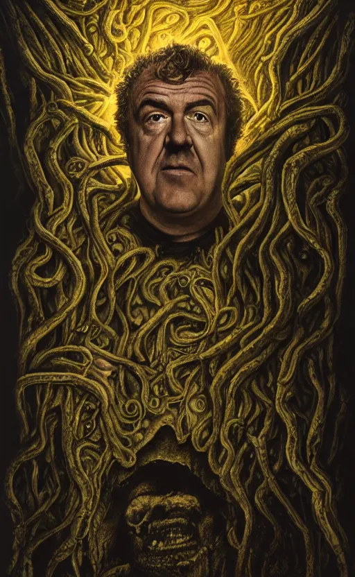 Prompt: lovecraftian portrait of jeremy clarkson, surrounded by beams of light dark background by wayne barlow, stanley donwood, anton semenov, zdzislaw bekinski, hr giger, 8 k, fantasy, dark, highly detailed