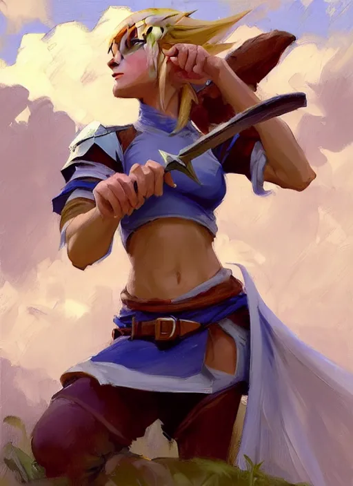 Image similar to Greg Manchess painting of a female Link from Legend of Zelda, countryside, calm, fantasy character portrait, dynamic pose, above view, sunny day, thunder clouds in the sky, artwork by Jeremy Lipkin and Giuseppe Dangelico Pino and Michael Garmash and Rob Rey, very coherent asymmetrical artwork, sharp edges, perfect face, simple form, 100mm