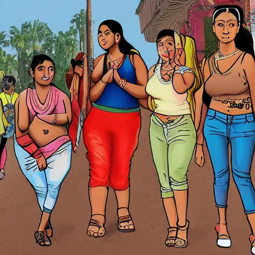 Image similar to cartoon of a short brown indian man migit walking with a young asian woman, a thick white blonde teenage girl, and a thick juicy spanish teenage girl, and a black bodacious babe in a small town in india all wearing clothes
