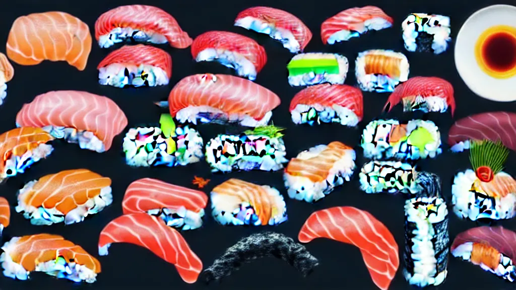 Image similar to a selection of single sushi platters, several items in an array, japan, a collage painting, in the style of wes anderson, lola dupre, david hockney, isolated on negative white space background dark monochrome neon spraypaint accents volumetric octane render