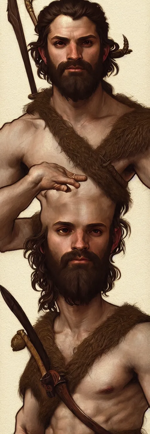 Image similar to renaissance upper body portrait of a gruff ranger with a spear, lean and toned, handsome face, hairy chest, D&D, intricate, elegant, highly detailed, digital painting, artstation, concept art, matte, sharp focus, illustration, art by da Vinci, Artgerm and Greg Rutkowski and Alphonse Mucha