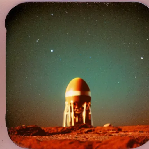 Image similar to a vintage color polaroid photo of a spaceship orbiting mars, galaxies visible in deep space, film grain, warm tones, color bleeding