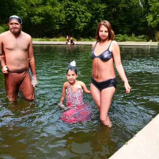 Prompt: family swimming in brown sewage pool filled with trash and human waste