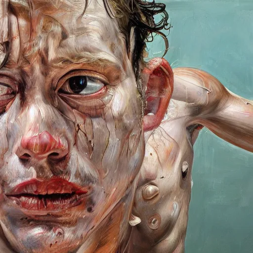Prompt: high quality high detail painting by lucian freud and jenny saville, hd, fightclub, turquoise