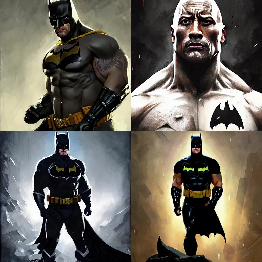 Prompt: Dwayne Johnson as the Batman, character portrait by Greg Rutkowski, Craig Mullins