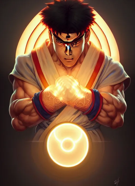 Image similar to symmetry!! ryu, street fighter, glowing lights!! intricate, elegant, highly detailed, digital painting, anime, artstation, concept art, smooth, sharp focus, illustration, art by artgerm and greg rutkowski and alphonse mucha