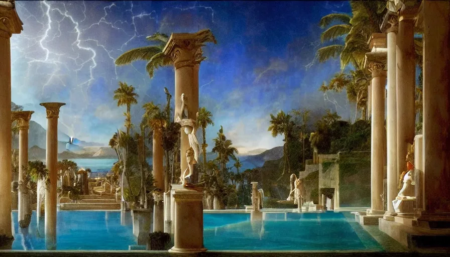 Prompt: From Inside the giant Palace, mediterranean balustrade and columns line, refracted sparkles, thunderstorm, greek pool, beach and Tropical vegetation on the background major arcana sky and occult symbols, by paul delaroche, hyperrealistic 4k uhd, award-winning, very detailed paradise