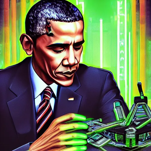 Image similar to barack obama on the cover art of the videogame System Shock 2 (1999), photorealistic, hd, 4k