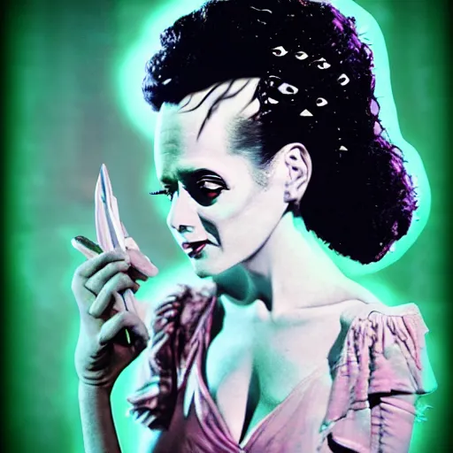 Image similar to a realistic detailed studio portrait photo of a the bride of frankenstein, vaporwave