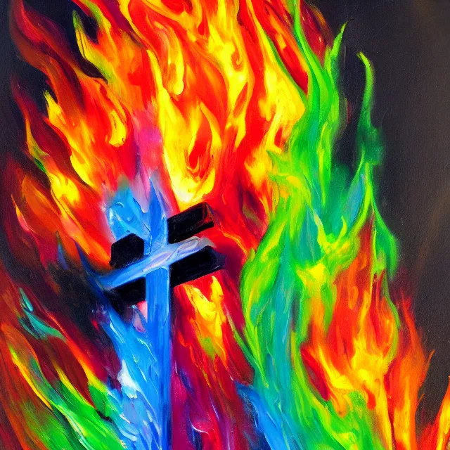 Image similar to cross on fire gushing flames in rainbow colors, oil painting, bold strokes